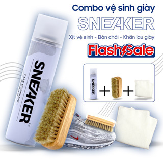 Bộ 3 món phụ kiện chăm sóc giày Sneaker, dụng cụ gồm bình sịt vệ sinh, bàn chải đánh và khăn lau.