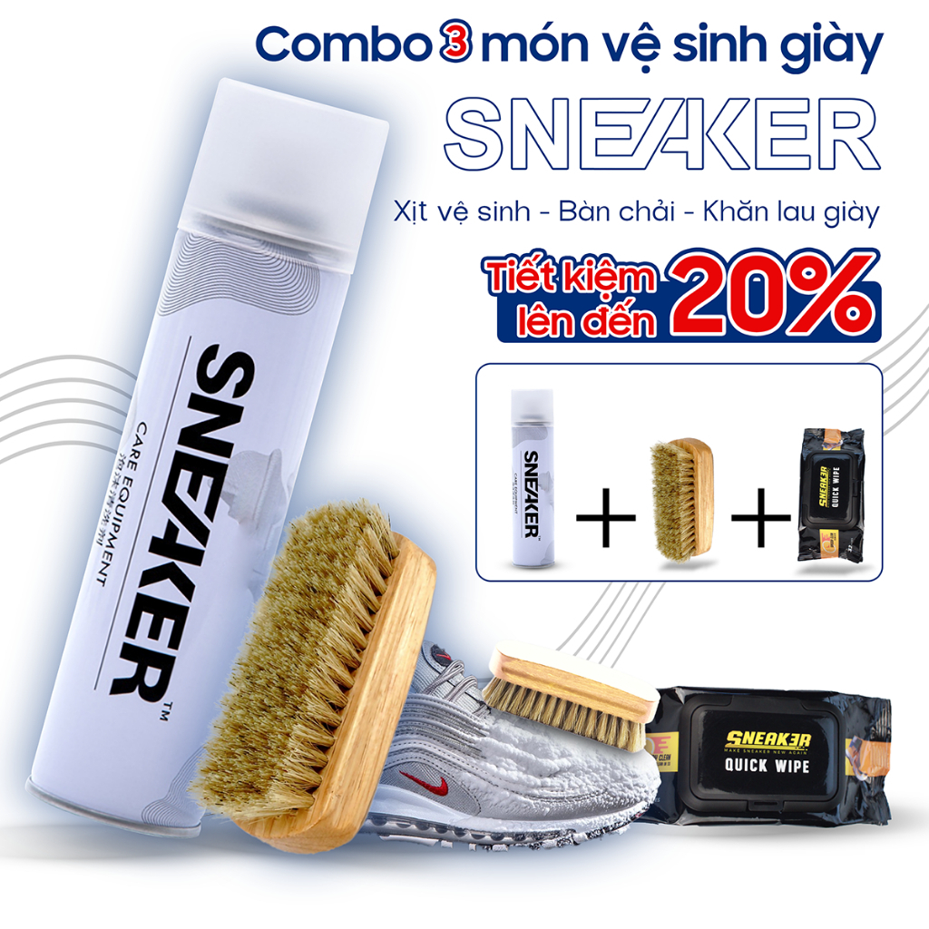 Combo 3 món phụ kiện chăm sóc giầy Sneaker, bình sịt vệ sinh, bàn chải đánh và 1 gói 32 khăn giấy lau giày dép.