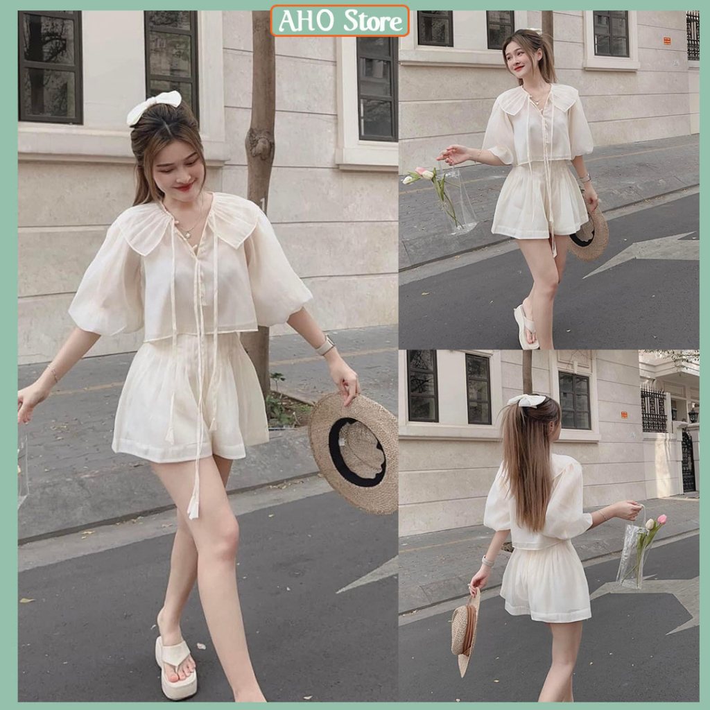 Bộ Đồ Nữ Áo Tơ Cổ Bèo Tay Bồng Buộc Nơ Trước Mix Quần Sooc Ống Rộng Có Lót Trong Freesize