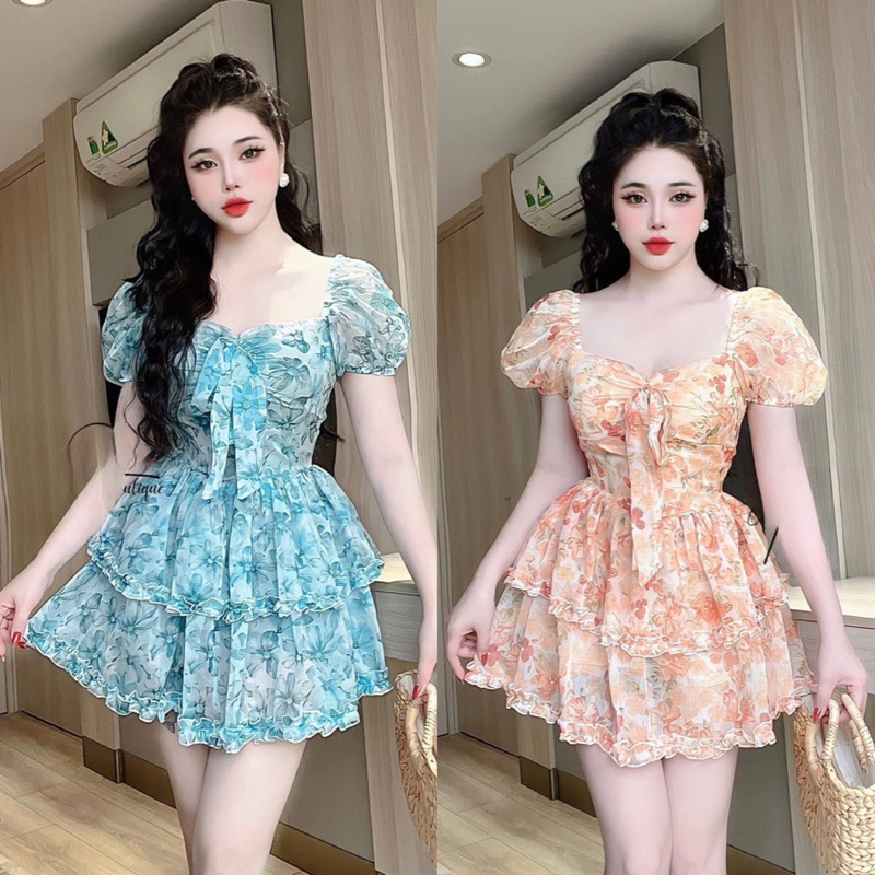Đầm Hoa Tay Ngắn Phồng Cúp Mút Ngực Dáng Xoè Viền 2 Bèo Dây Cột Ngưc