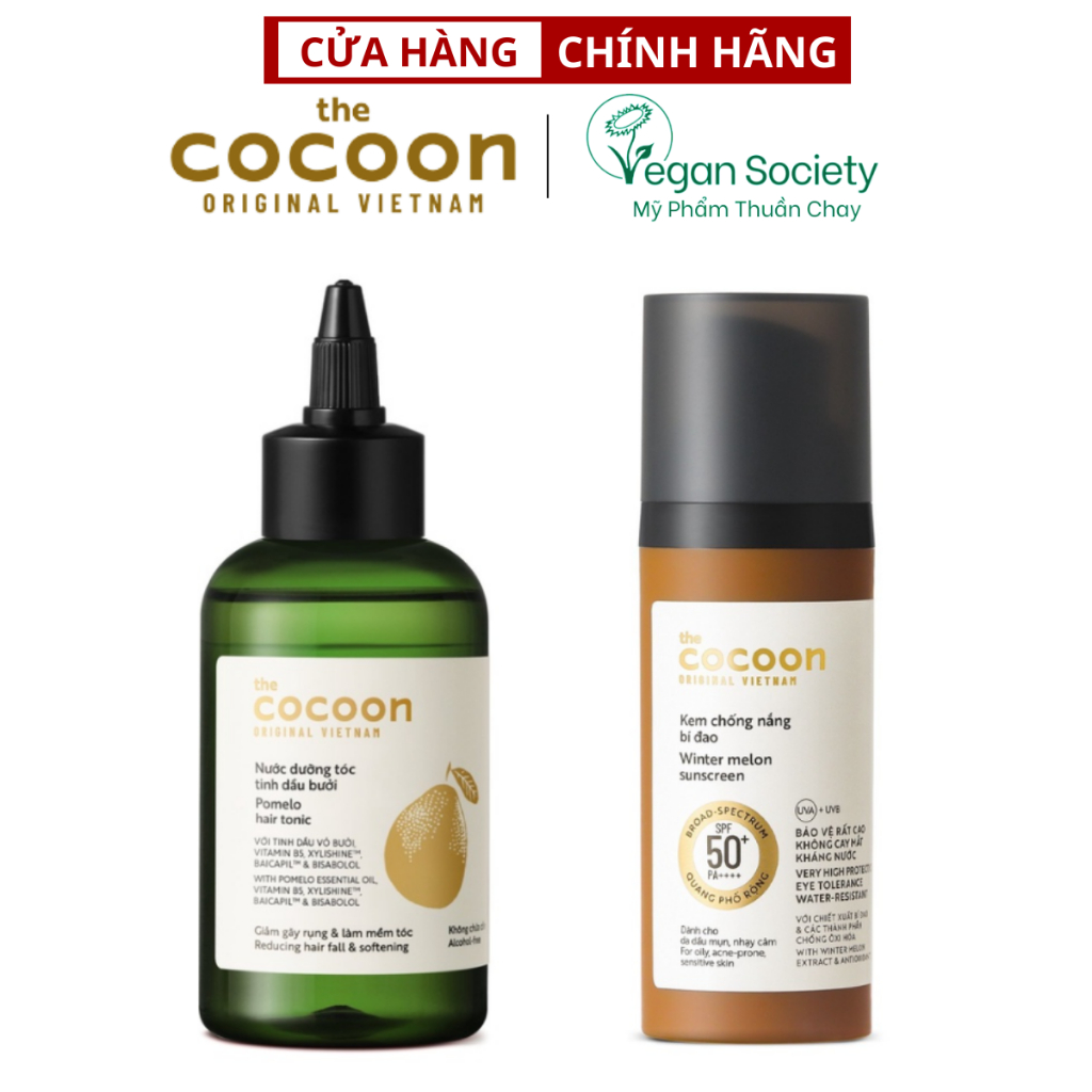 Combo Nước dưỡng tóc tinh dầu bưởi Cocoon 140ml + Kem chống nắng bí đao Cocoon quang phổ rộng 50ml