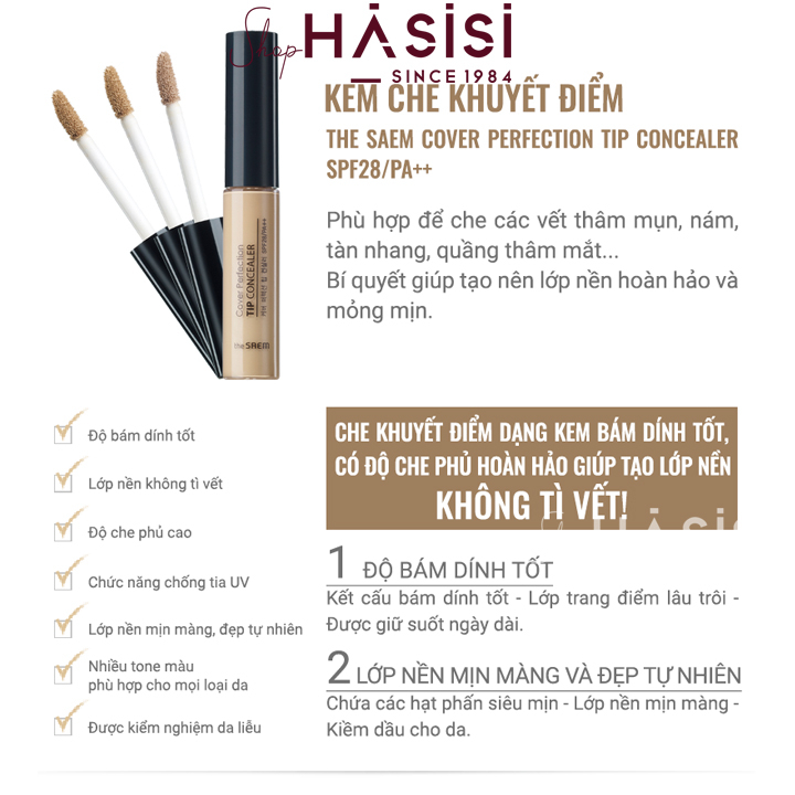 Kem Che Khuyết Điểm THE SAEM - Cover Perfection Tip Concealer SPF28/PA++ (Các Số)