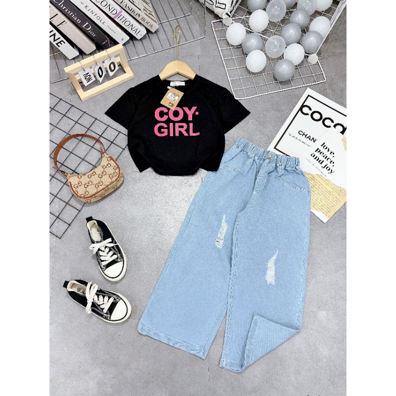 Bộ  áo croptop quần xuông cá tính bé gái