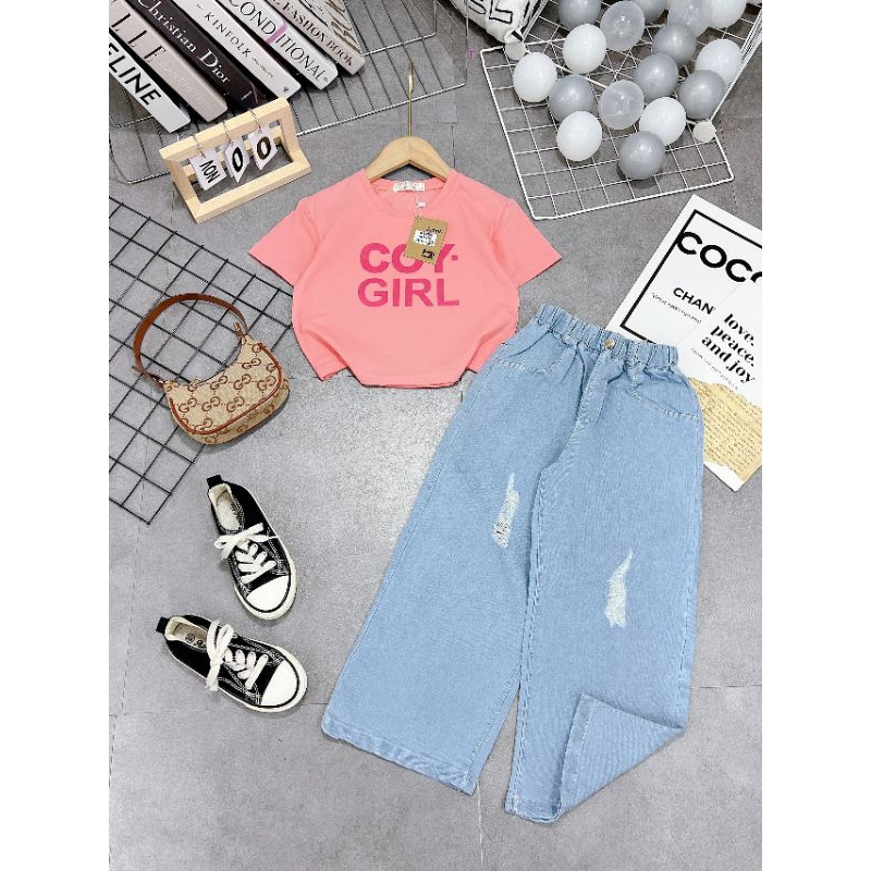 Bộ  áo croptop quần xuông cá tính bé gái