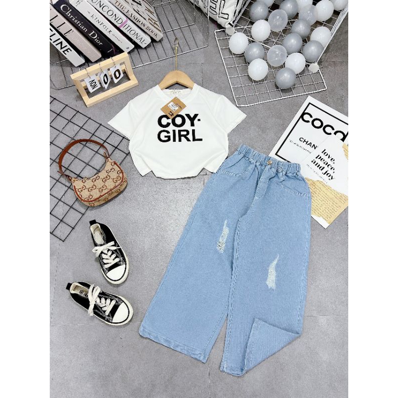 Bộ  áo croptop quần xuông cá tính bé gái