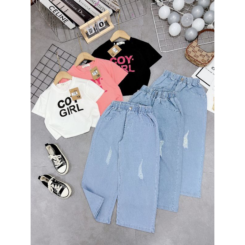 Bộ  áo croptop quần xuông cá tính bé gái
