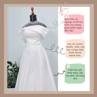 SKY Bridal Váy cưới, váy dạ hội, váy đi bàn vai ngang viền cổ kết hạt thân xếp xéo