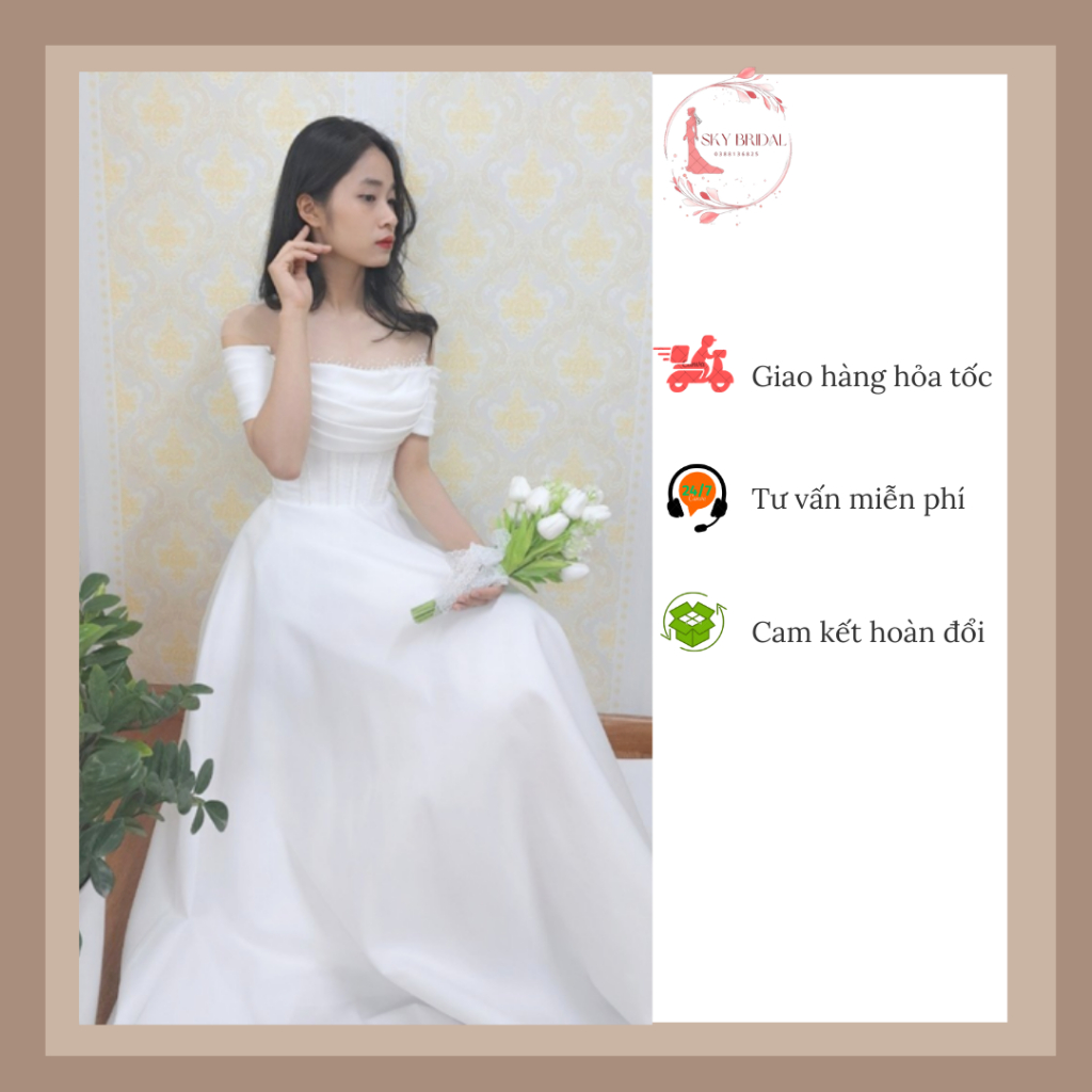 SKY Bridal Váy cưới, váy dạ hội vai xếp ngực xếp khoe vai trần tôn vòng 1