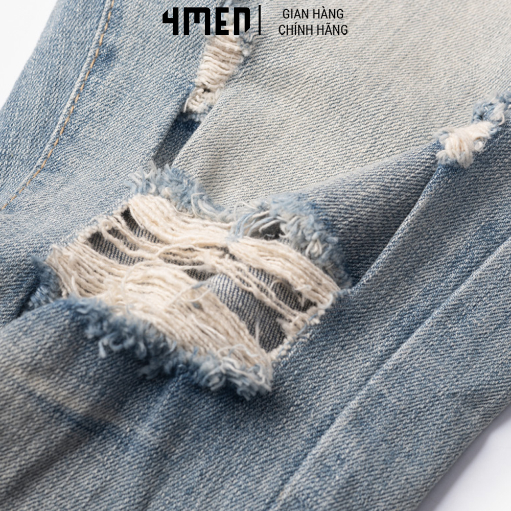 Quần Jeans Nam Form Slimfit Rách Gối Màu Xanh 4MEN QJ1648 rách gối cá tính, lưng thấp, trẻ trung, vải mềm, co giãn