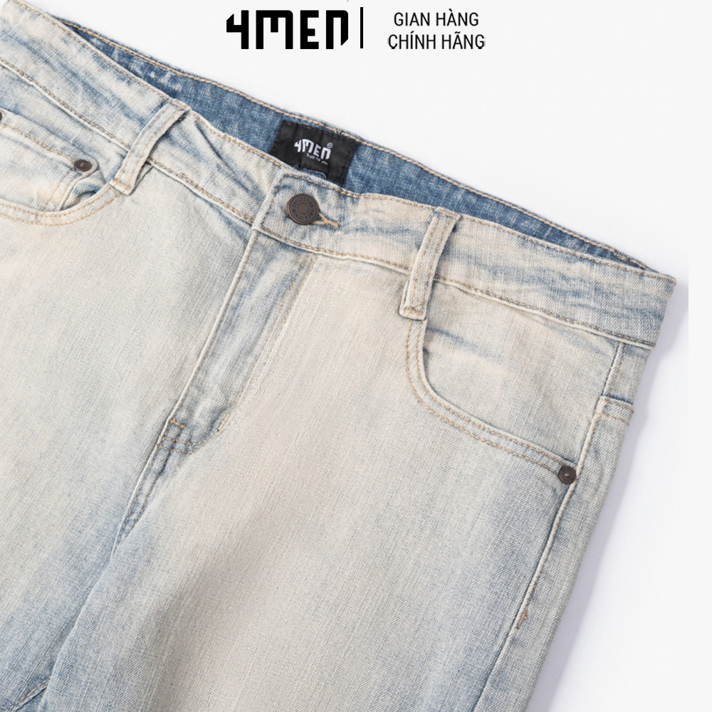 Quần Jeans Nam Form Slimfit Rách Gối Màu Xanh 4MEN QJ1648 rách gối cá tính, lưng thấp, trẻ trung, vải mềm, co giãn