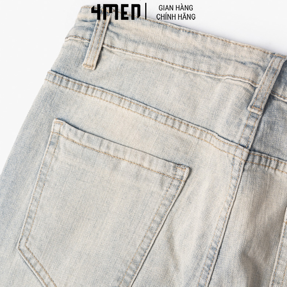 Quần Jeans Nam Form Slimfit Rách Gối Màu Xanh 4MEN QJ1648 rách gối cá tính, lưng thấp, trẻ trung, vải mềm, co giãn