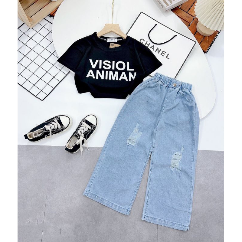 Bộ  áo croptop quần xuông cá tính bé gái