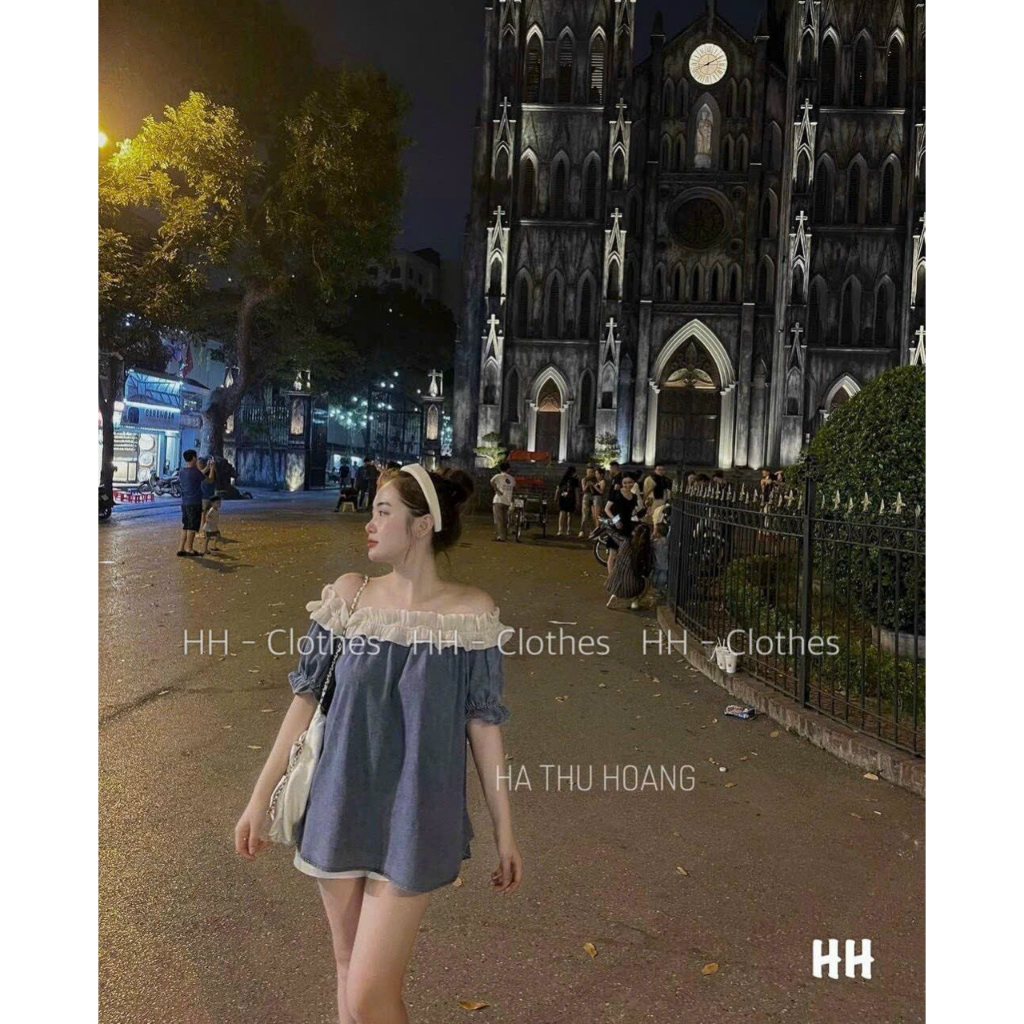Áo jean nữ bẹt vai phối bèo tay phồng lỡ hót xịn