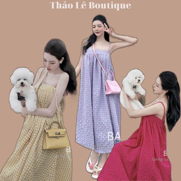 Váy hai dây maxi suông rộng nữ kẻ caro dây tết túi sườn nhiều màu - Qb