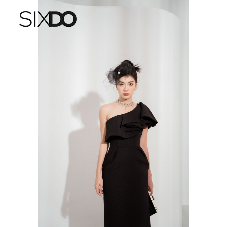 Đầm midi lệch vai dáng bút chì 2 màu xanh, đen thời trang SIXDO (Black One-shoulder Midi Raw Dress)