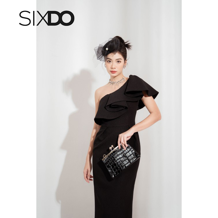 Đầm midi lệch vai dáng bút chì 2 màu xanh, đen thời trang SIXDO (Black One-shoulder Midi Raw Dress)
