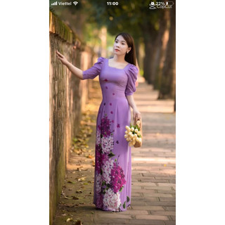 Áo dài tím cổ vuông tay bồng sz s m l xl 2x 3x 4x