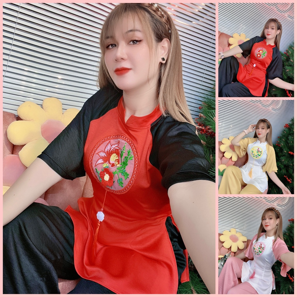 Set đồ lam đi chùa hoa sen thêu chất vải cát nhung cao cấp, mềm mịn - SD214