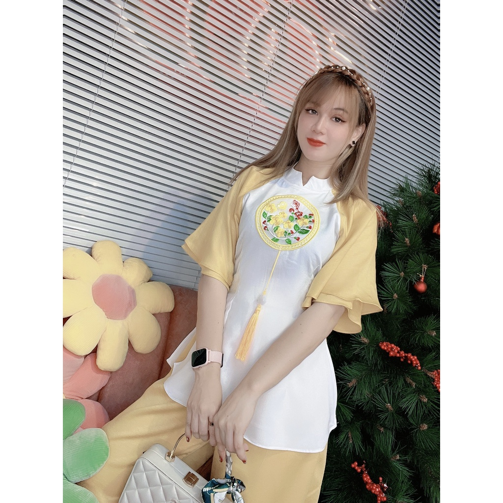 Set đồ lam đi chùa hoa sen thêu chất vải cát nhung cao cấp, mềm mịn - SD214