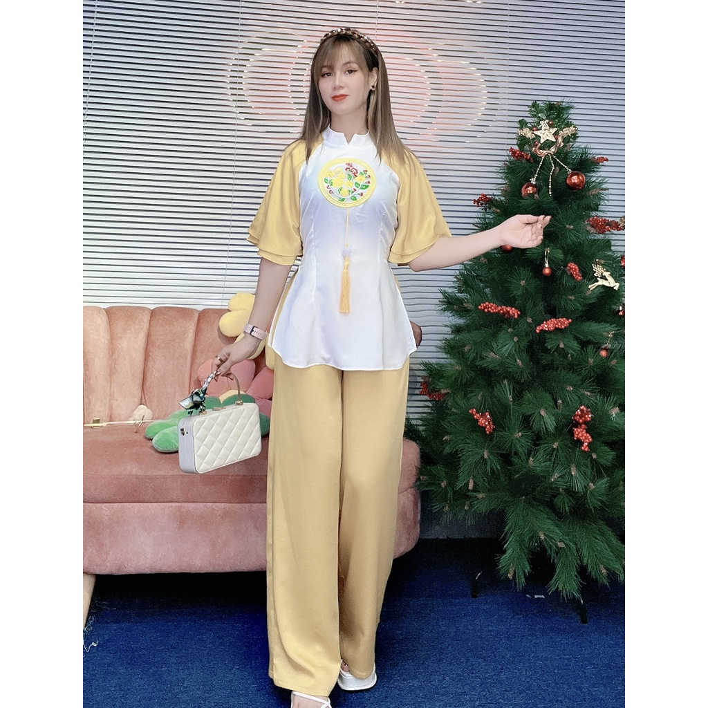 Set đồ lam đi chùa hoa sen thêu chất vải cát nhung cao cấp, mềm mịn - SD214