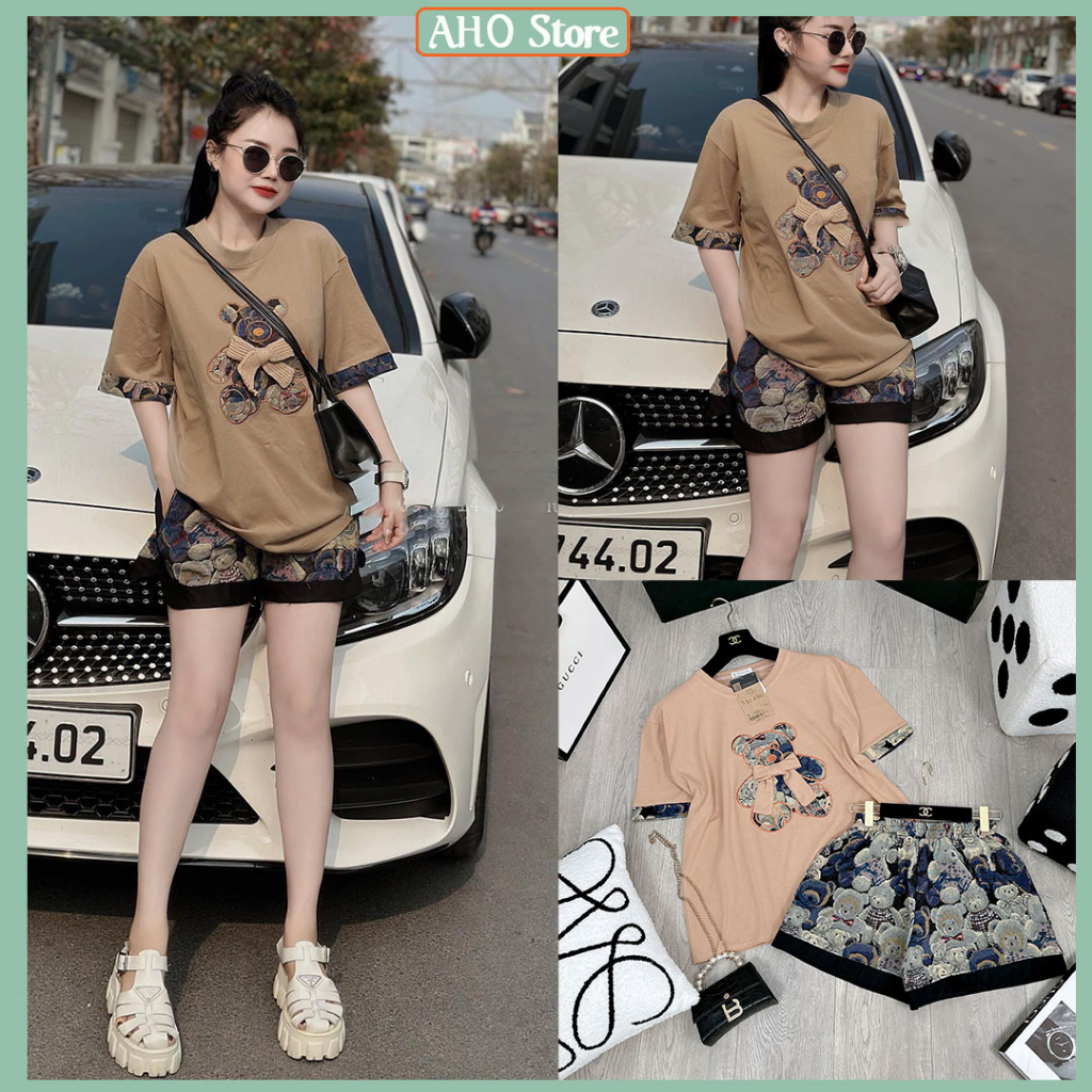 Bộ Đồ Nữ Áo Phông Nữ Gấu Thêu Đính Nơ Phối Viền Tay Mix Quần Sooc Đùi Gấm Hoa Freesize
