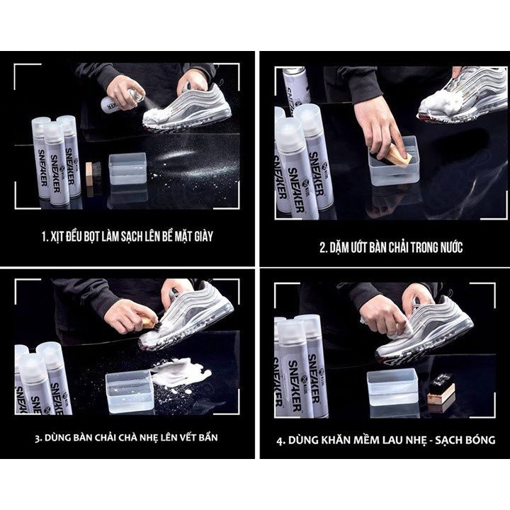 Combo 3 món phụ kiện chăm sóc giầy Sneaker, bình sịt vệ sinh, bàn chải đánh và 1 gói 32 khăn giấy lau giày dép.