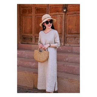 Đầm linen dáng suông cổ tim phối tay lỡ sz S đến XL (45-63KG)