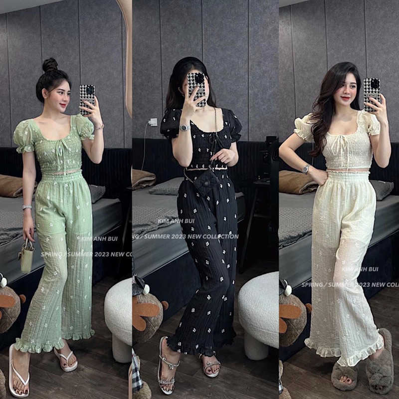 (348) Sét áo cổ U crotop thêu hoa phối quần xuông bèo
