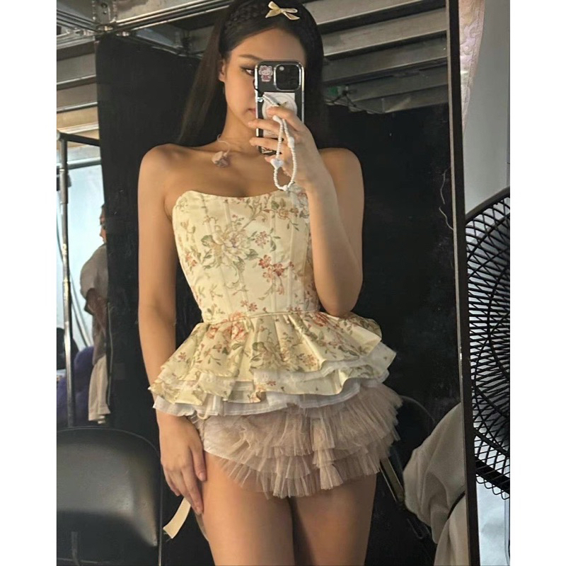 |JENIOPI SET| Set áo ống hoa chân váy tầng hồng JENNIE BLACKPINK TLÉA