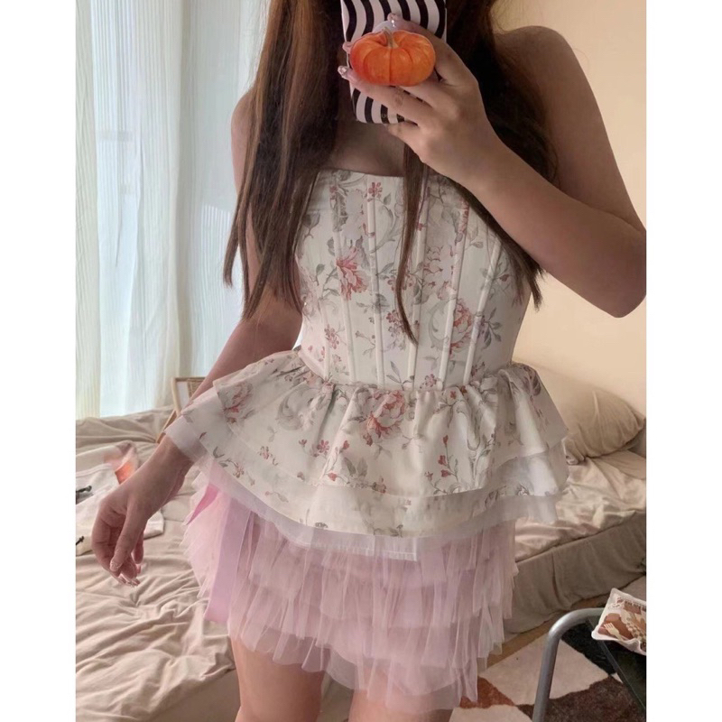 |JENIOPI SET| Set áo ống hoa chân váy tầng hồng JENNIE BLACKPINK TLÉA