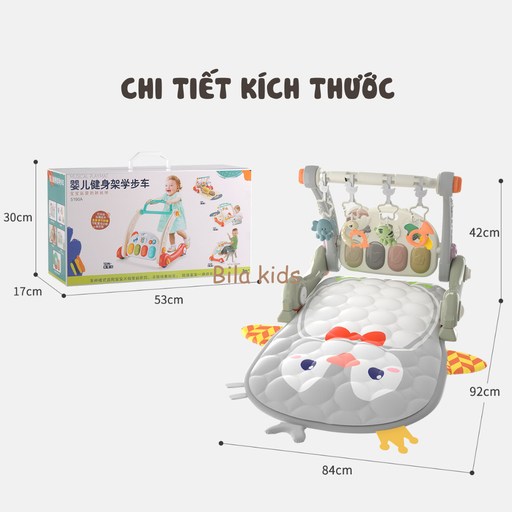 Thảm nhạc cho bé sơ sinh kiêm xe tập đi 3IN1có nhạc đàn piano, bé nằm nghe nhạc phát triển thính giác BILA KIDS