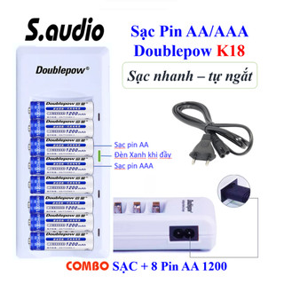 Bộ sạc pin tiểu 8 cổng + 08 pin sạc aa 1200 mah sạc pin aa/aaa doublepow k18 nhanh, tự ngắt | hàng chính hãng
