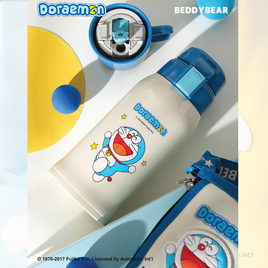 Bình giữ nhiệt cho Bé Doraemon xanh - Chính hãng 100% BeddyBear - Dung tích 600 ml - 2 Nắp thay thế - Inox 316 -bh 1 năm