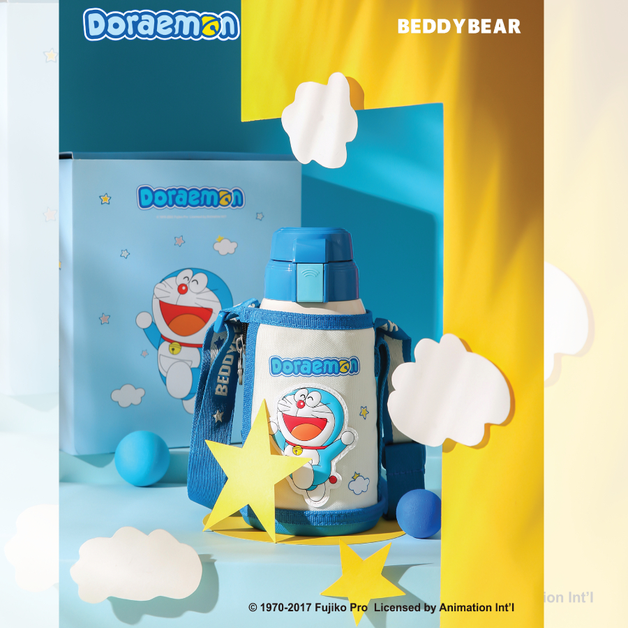 Bình giữ nhiệt cho Bé Doraemon xanh - Chính hãng 100% BeddyBear - Dung tích 600 ml - 2 Nắp thay thế - Inox 316 -bh 1 năm