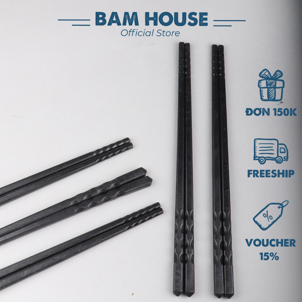 Bộ 10 đôi đũa nhựa chịu nhiệt Bam House màu đen đầu nhám cao cấp DND04