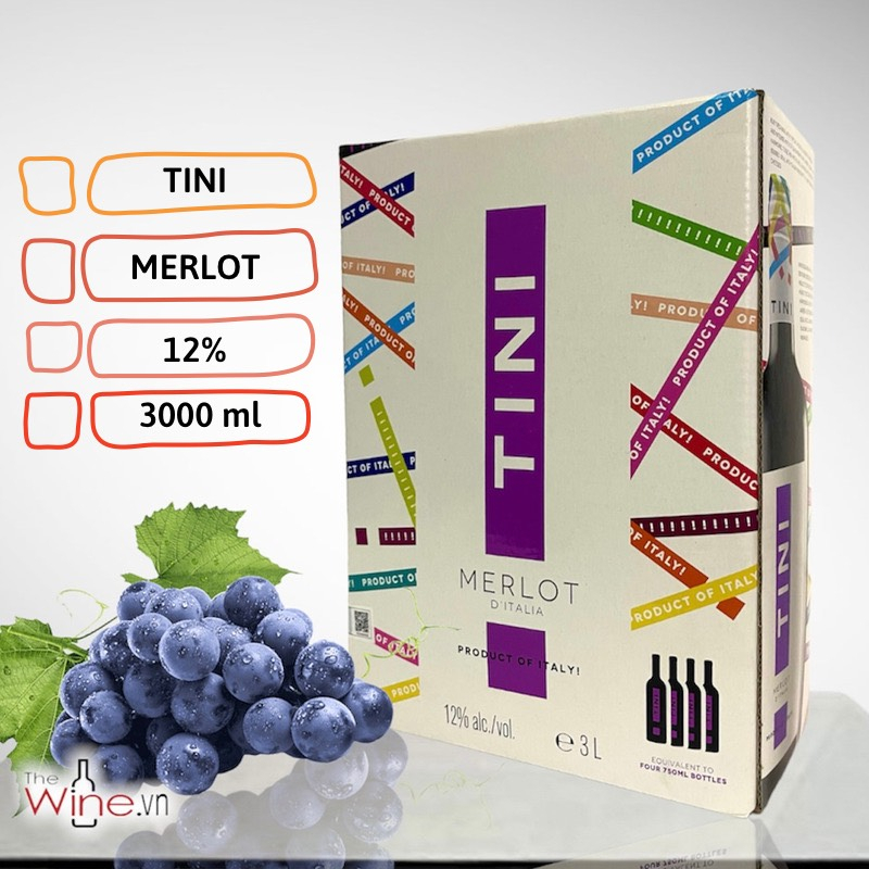 Rượu vang bịch 3L nhập khẩu Ý TINI - vang đỏ merlot 12 độ