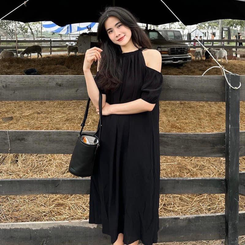 Đầm 2 dây chất đũi mịn mát - váy maxi khoét vai dáng dài đi biển