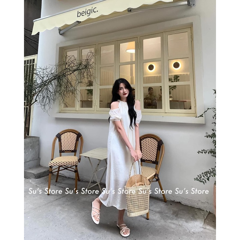 Đầm 2 dây chất đũi mịn mát - váy maxi khoét vai dáng dài đi biển