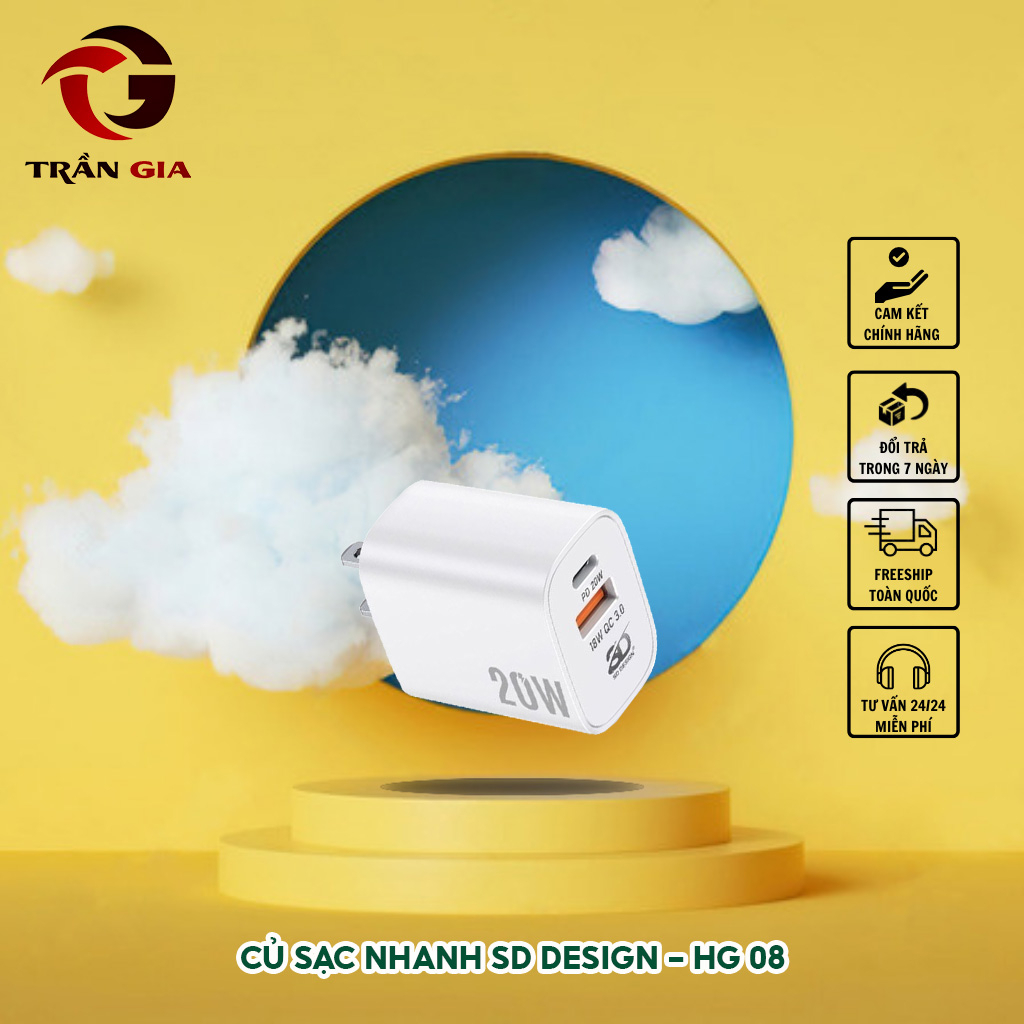 Củ Sạc Nhanh SD DESIGN HG - 08 sạc nhanh thông minh, tương thích nhiều loại máy