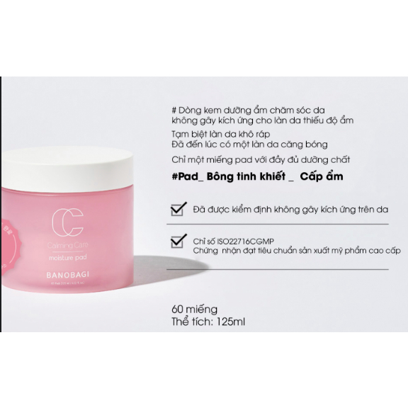 [CHÍNH HÃNG] Toner Dạng Bông Dưỡng Ẩm, Thải Độc Da Làm Trắng Da Chuyên Sâu BANOBAGI CALMING CARE MOISTURE PAD 125ML 60 M