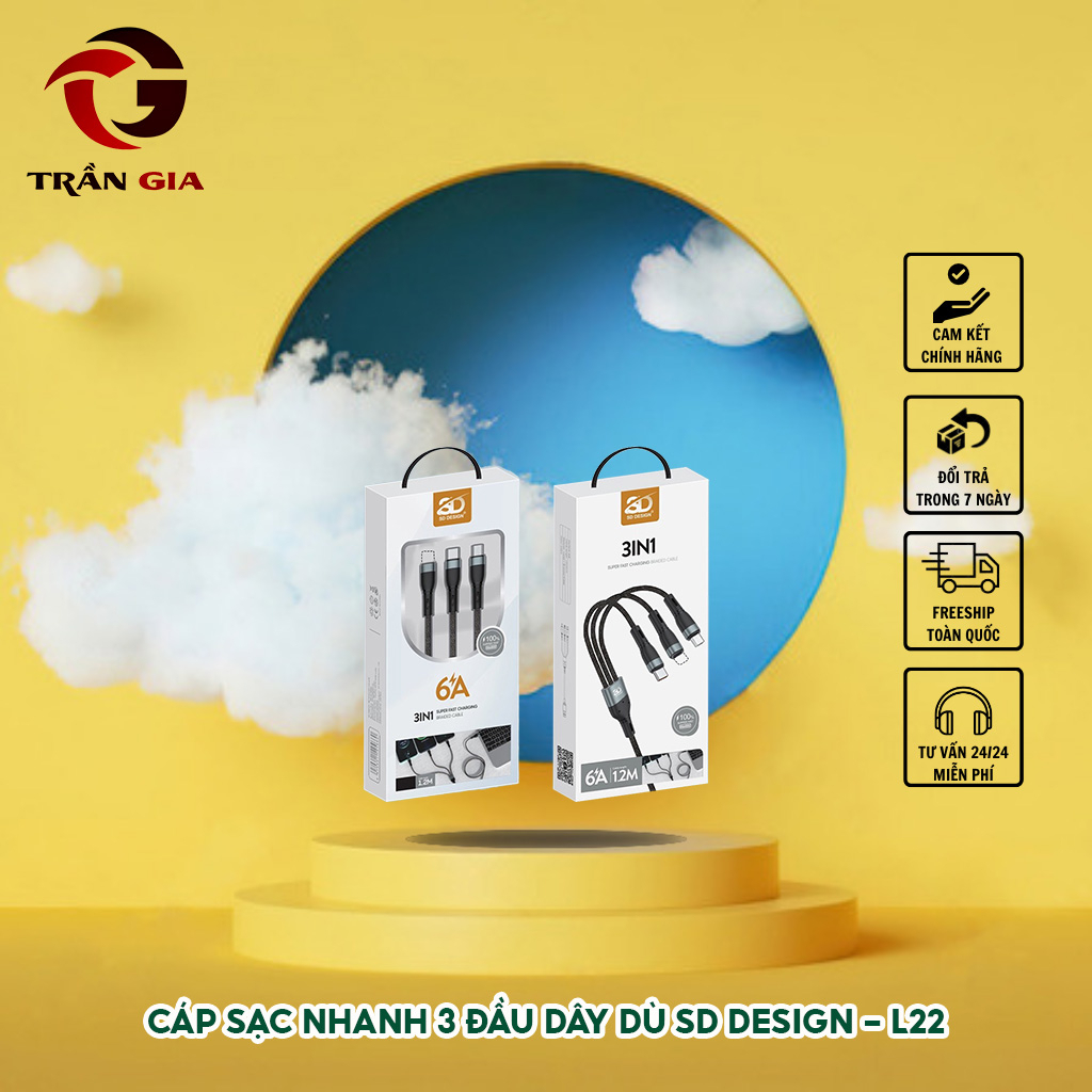 Cáp Sạc 3 Đầu Dây Dù SD DESIGN - L22 đa năng 3in1 ip-micro-type c sạc ổn định, chất liệu cao cấp