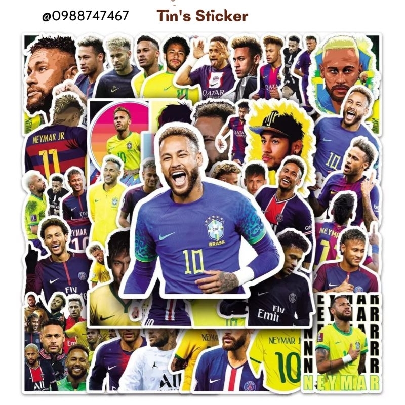 Set 50 miếng dán sticker cầu thủ bóng đá Neymar dán nón mũ bảo hiểm laptop vali sổ tay đàn guitar điện thoại xe máy tủ