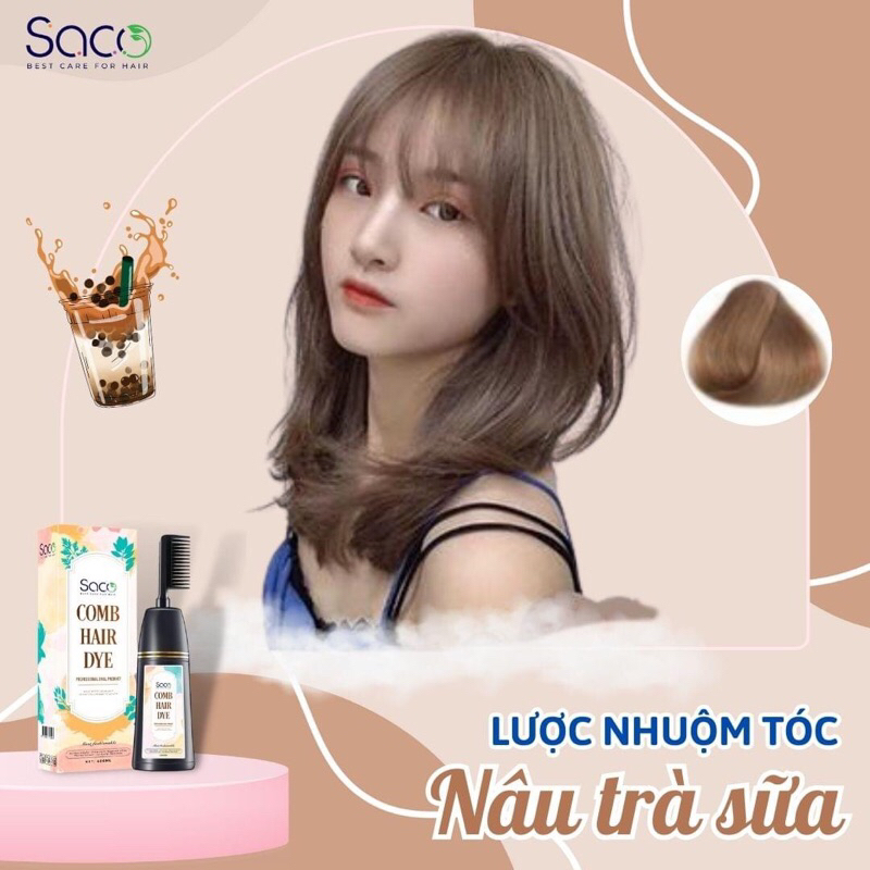 Dầu Gội Nhuộm Tóc Thần Thánh Saco Màu Nâu Trà Sữa  không cần tẩy hay nâng tone chai 400ml