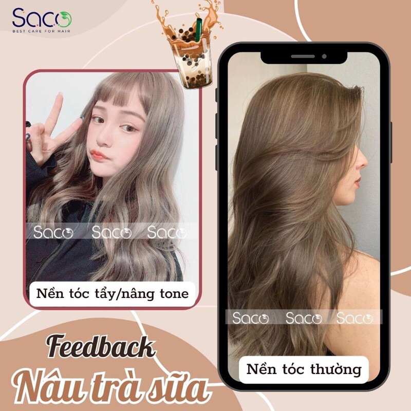 Dầu Gội Nhuộm Tóc Thần Thánh Saco Màu Nâu Trà Sữa  không cần tẩy hay nâng tone chai 400ml