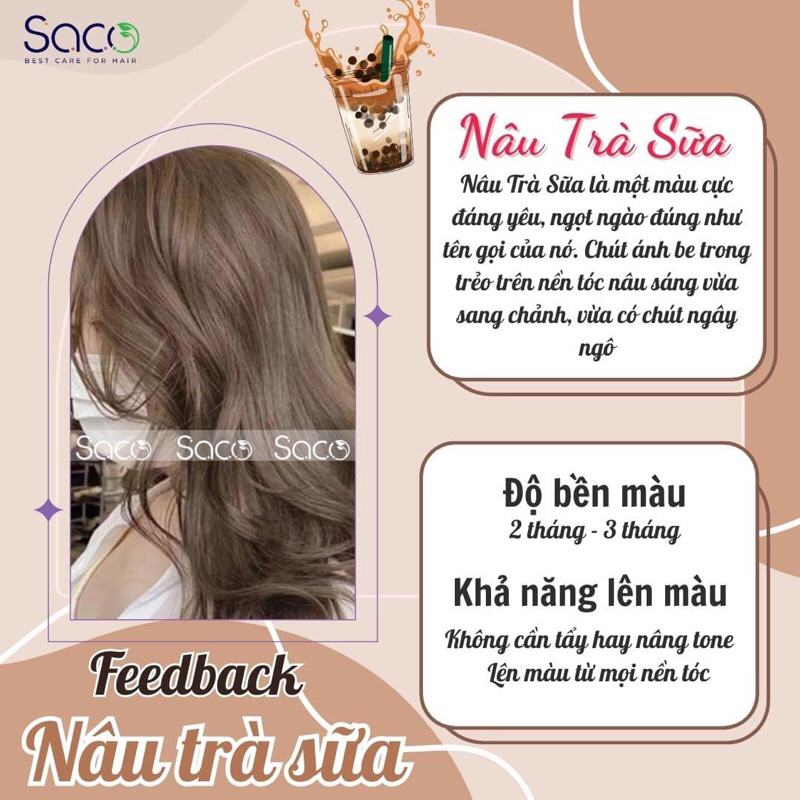Dầu Gội Nhuộm Tóc Thần Thánh Saco Màu Nâu Trà Sữa  không cần tẩy hay nâng tone chai 400ml