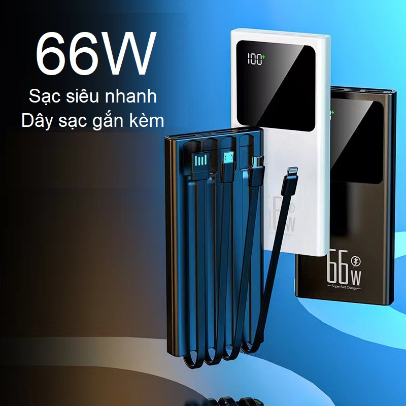 Sạc nhanh dự phòng 66W 20000mAh, kèm dây sạc gắn liền, hỗ trợ sạc nhanh mọi thiết bị