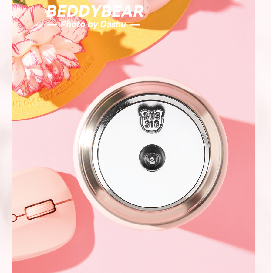 Bình giữ nhiệt 480ml BeddyBear - Mèo Hồng - 1 Nắp ống hút - Chất liệu Inox cao cấp 316- Túi đeo da mềm - Chính hãng