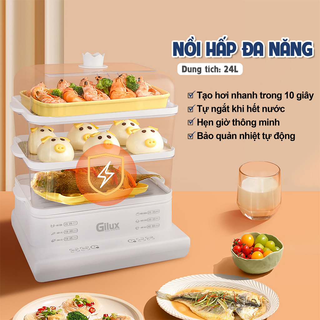 Nồi hấp Gilux 24L đa năng chính hãng, nồi hấp điện 3 tầng tiện lợi bảo hành 12 tháng