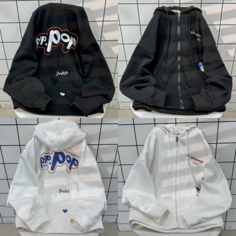 Áo khoác nỉ PoPo big size ulzzang unisex nam nữ , Áo Hoodie zip chống nắng mùa hè form rộng tay phồng nón to thời trang