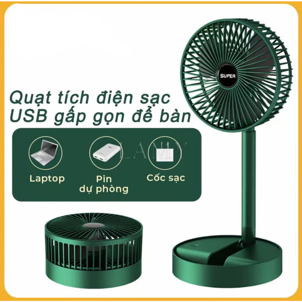 Quạt Tích Điện Để Bàn Gấp Gọn Super Có Thể Điều Chỉnh Độ Cao , 3 Tốc Độ Gió, Cổng Sạc USB Xoay 180 Độ Siêu Tiện Lợi